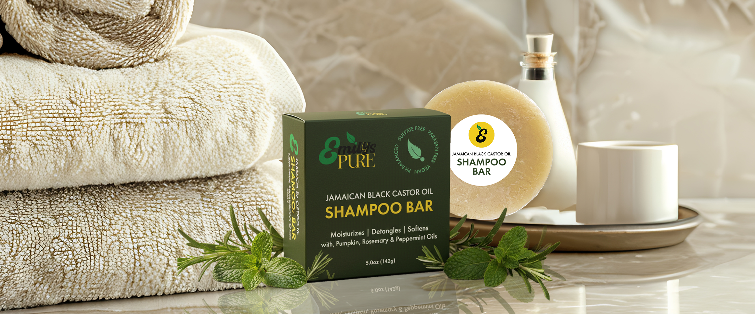 Emily's Pure Jamaican Black Castor Oil Shampoo banner in luxury bathroom counter setting.