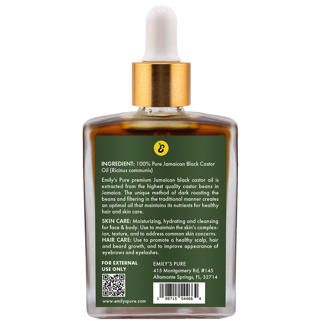 Bottle of Emily's Pure Jamaican Black Castor Oil 1.6oz back view with dropper on a white background