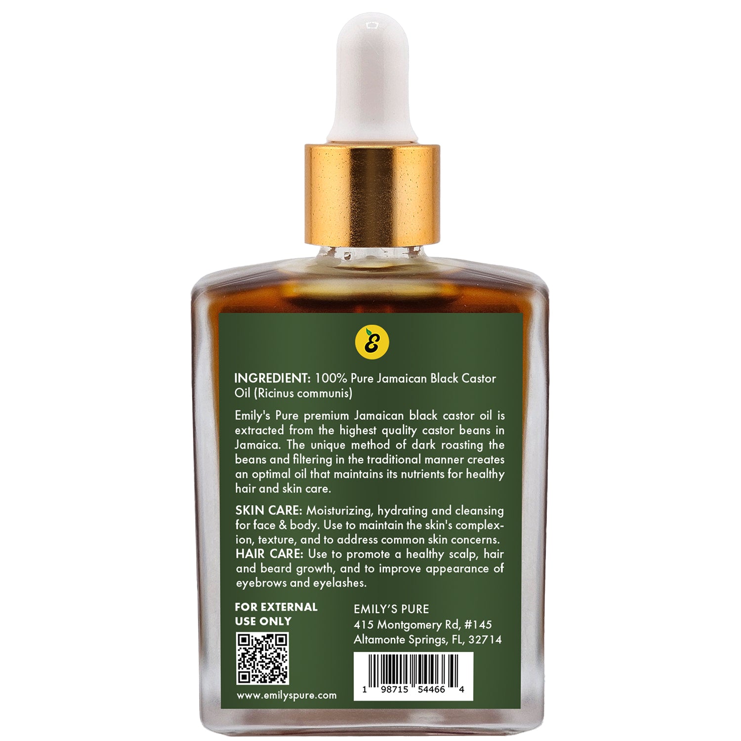 Bottle of Emily's Pure Jamaican Black Castor Oil 1.6oz back view with dropper on a white background