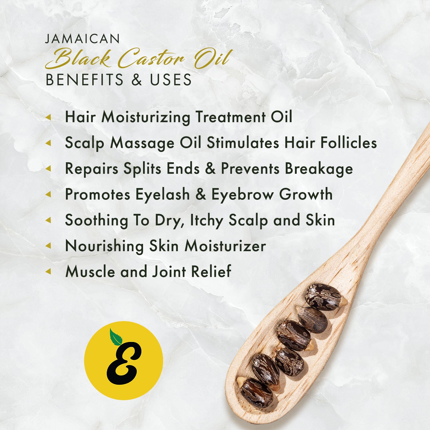 Emily's Pure Jamaican Black Castor Oil benefits and uses with wooden spoon containing beans on a textured background_