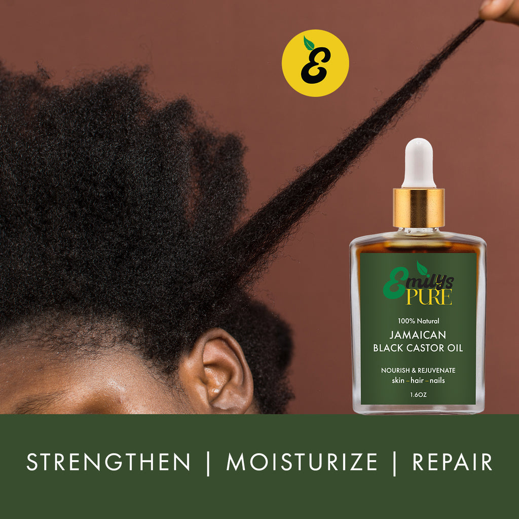 Emilys Pure Jamaican Black Castor Oil bottle with a dropper over a person's hair to strengthen, moisturize, repair hair.