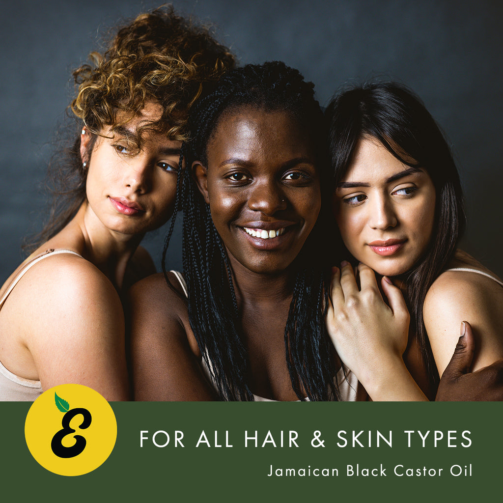 Multi-cultural group three women represents Emily's Pure Jamaican Black Castor Oil all hair and skin types.