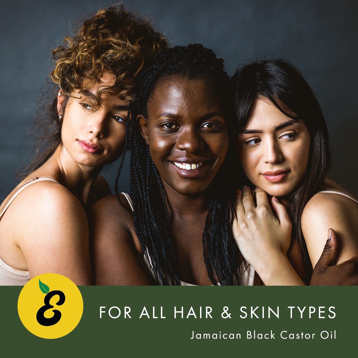 Multi-cultural group three women represents Emily's Pure Jamaican Black Castor Oil all hair and skin types.