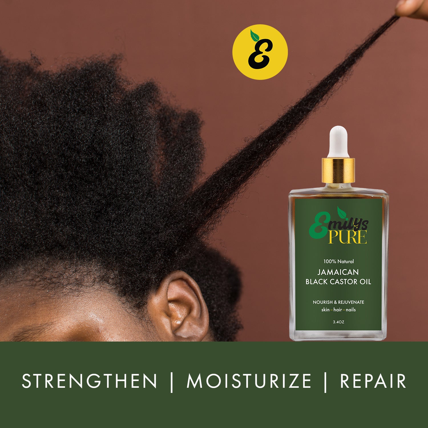 Bottle of Emily's Pure Jamaican Black Castor Oil being applied to thick black woman's hair to strengthen moisturize repair.