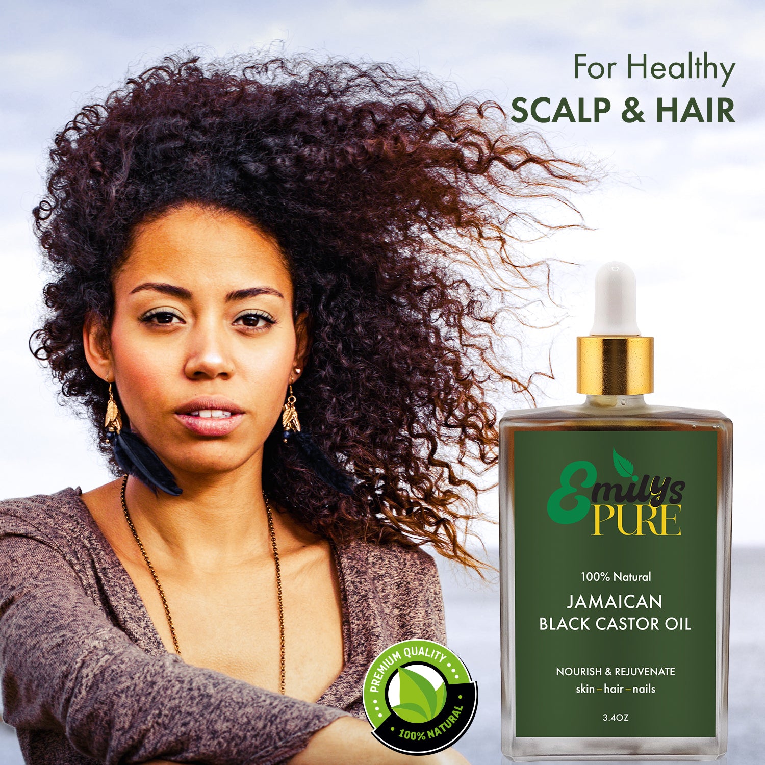 Woman with curly hair next to a bottle of Emly's Pure Jamaican Black Castor Oil 3.4oz for Healthy Scalp and Hair