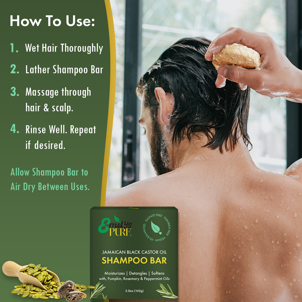 Young man using a Emily's Pure Jamaican Black Castor Oil Shampoo Bar   with how to use instructions.