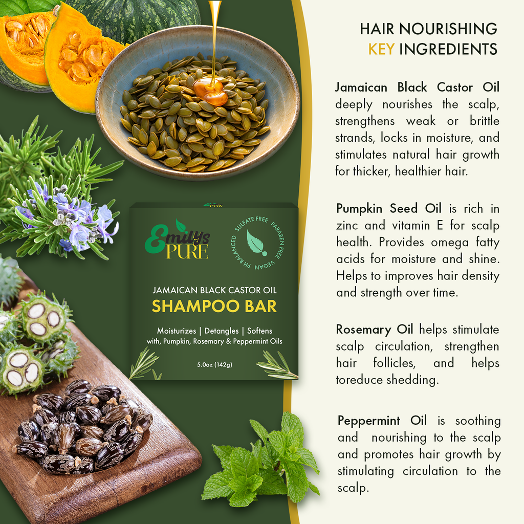 Emily's Pure Jamaican Black Castor Oil Shampoo Bar infographic ingredients pumpkin, castor, rosemary, peppermint oils.