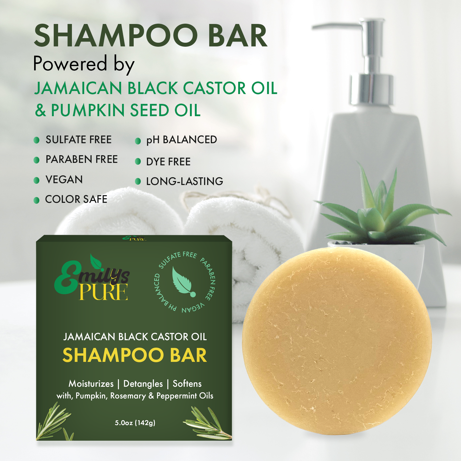 Emu's Pure Jamaican Black Castor Oil Shampoo Bar infographic powered by JBCO and Pumpkin seed oil.