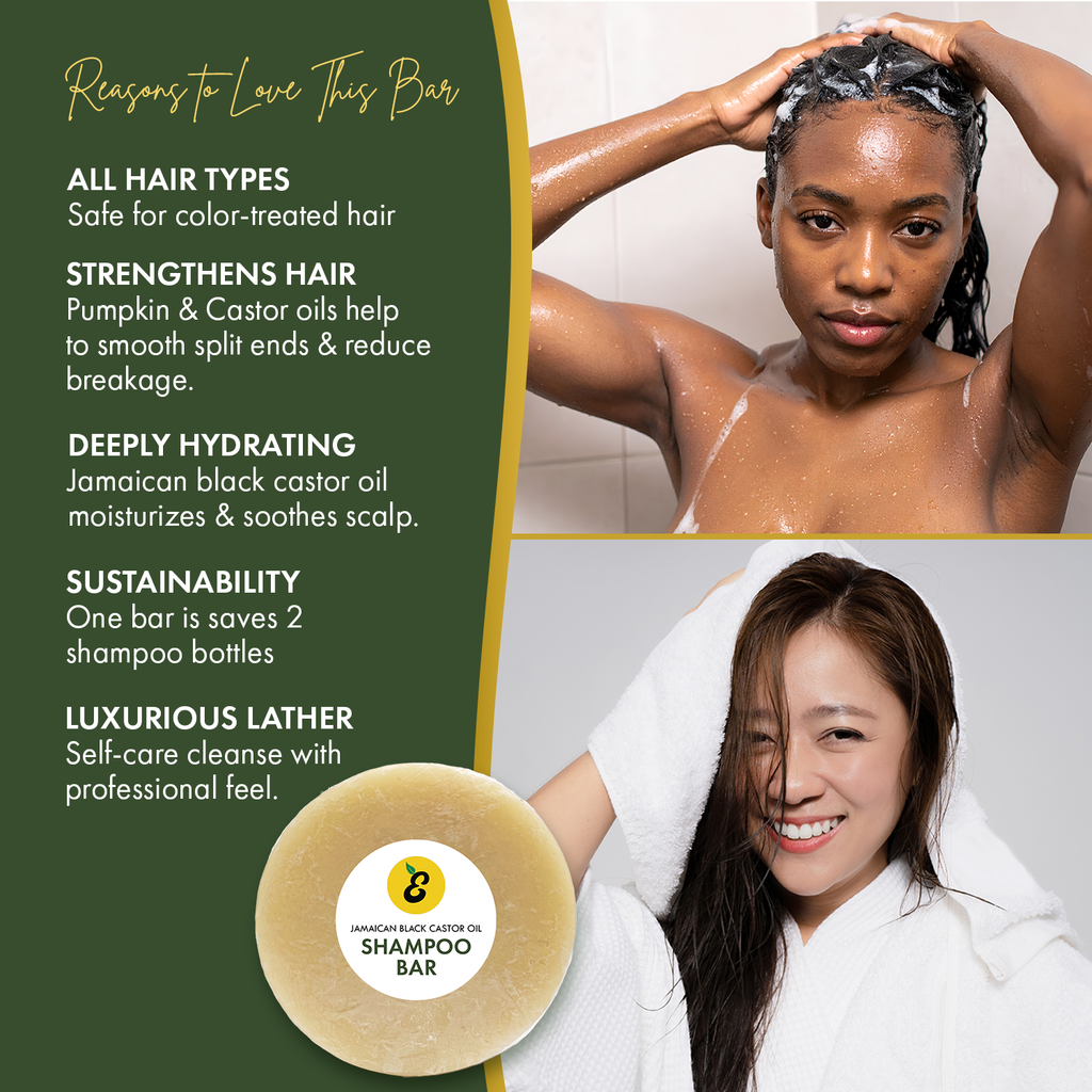 Emily's Pure Shampoo bar infographic of black and Asian women using it. Strengthens, sustainability, luxurious lather.