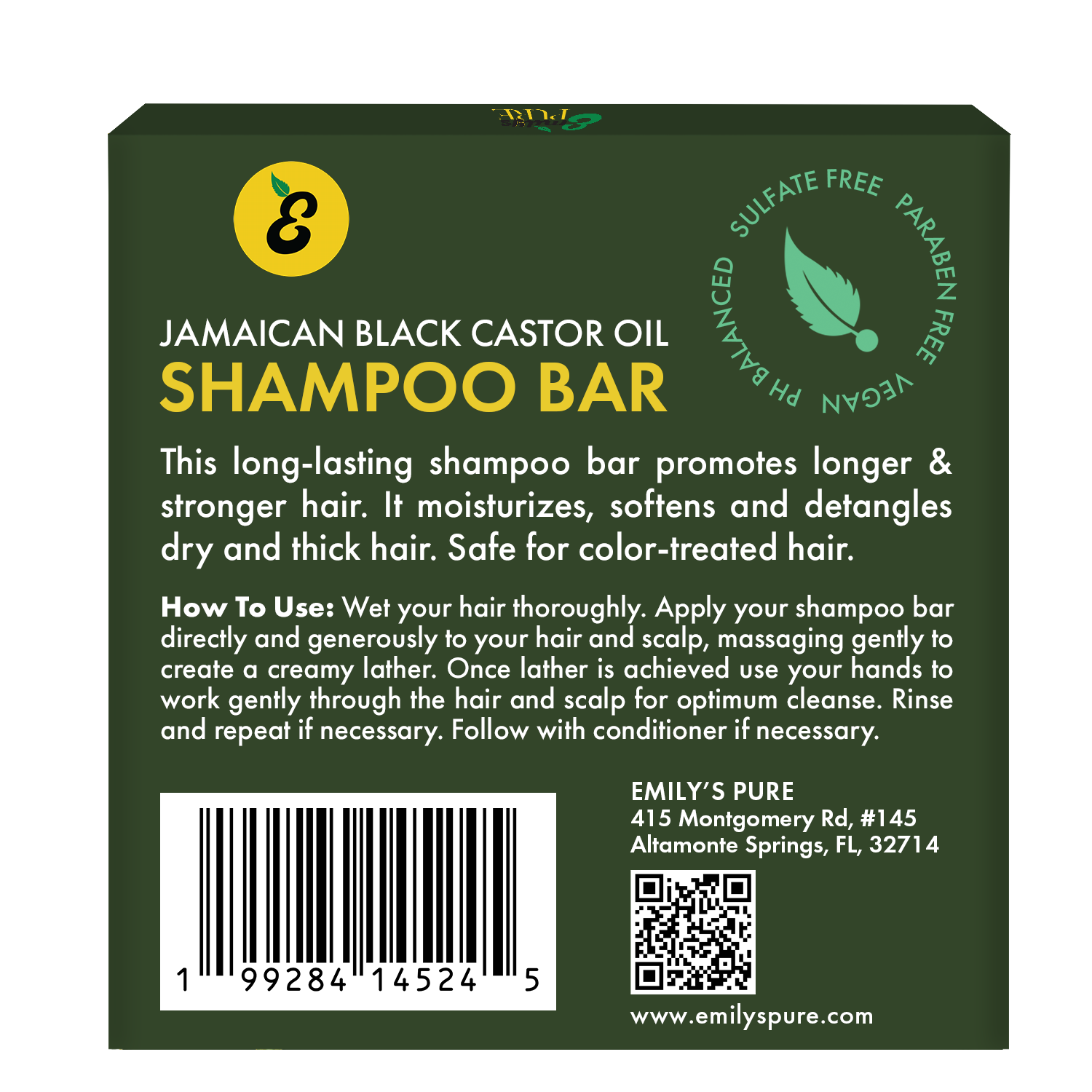 Back of a Emily's Pure Jamaican Black Castor Oil Shampoo Bar packaging with text and branding.