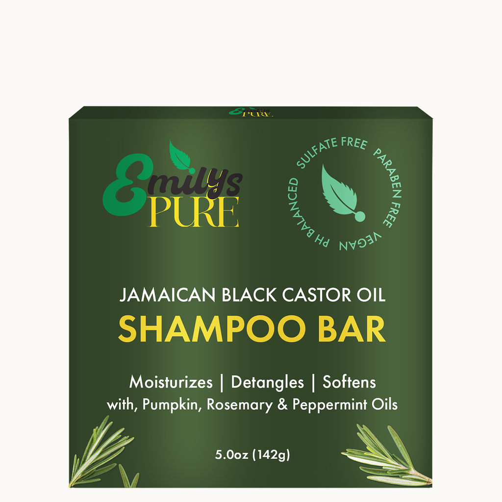 Emily's Pure Jamaican Black Castor Oil Shampoo Bar with text and leaf graphics main image