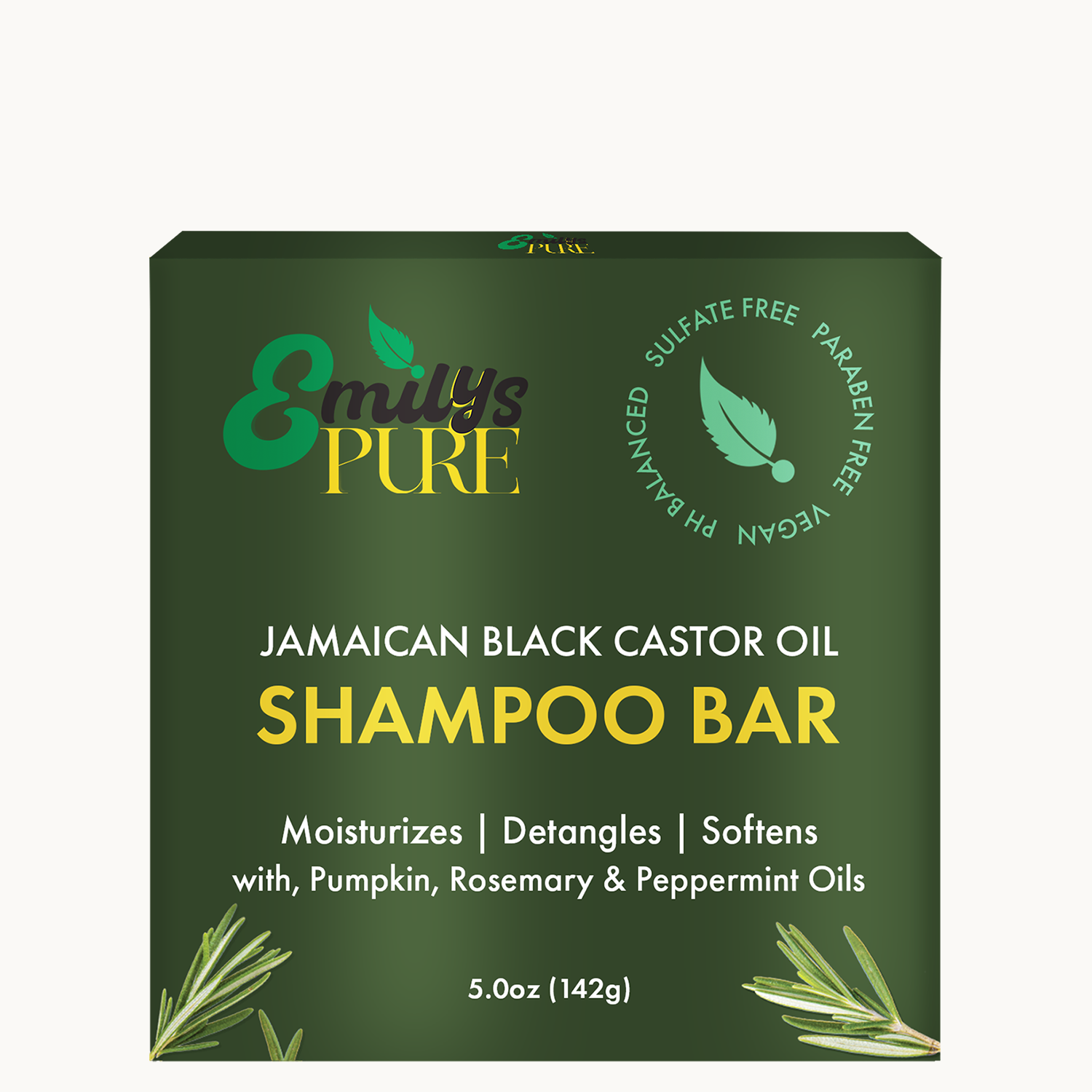 Emily's Pure Jamaican Black Castor Oil Shampoo Bar with text and leaf graphics main image