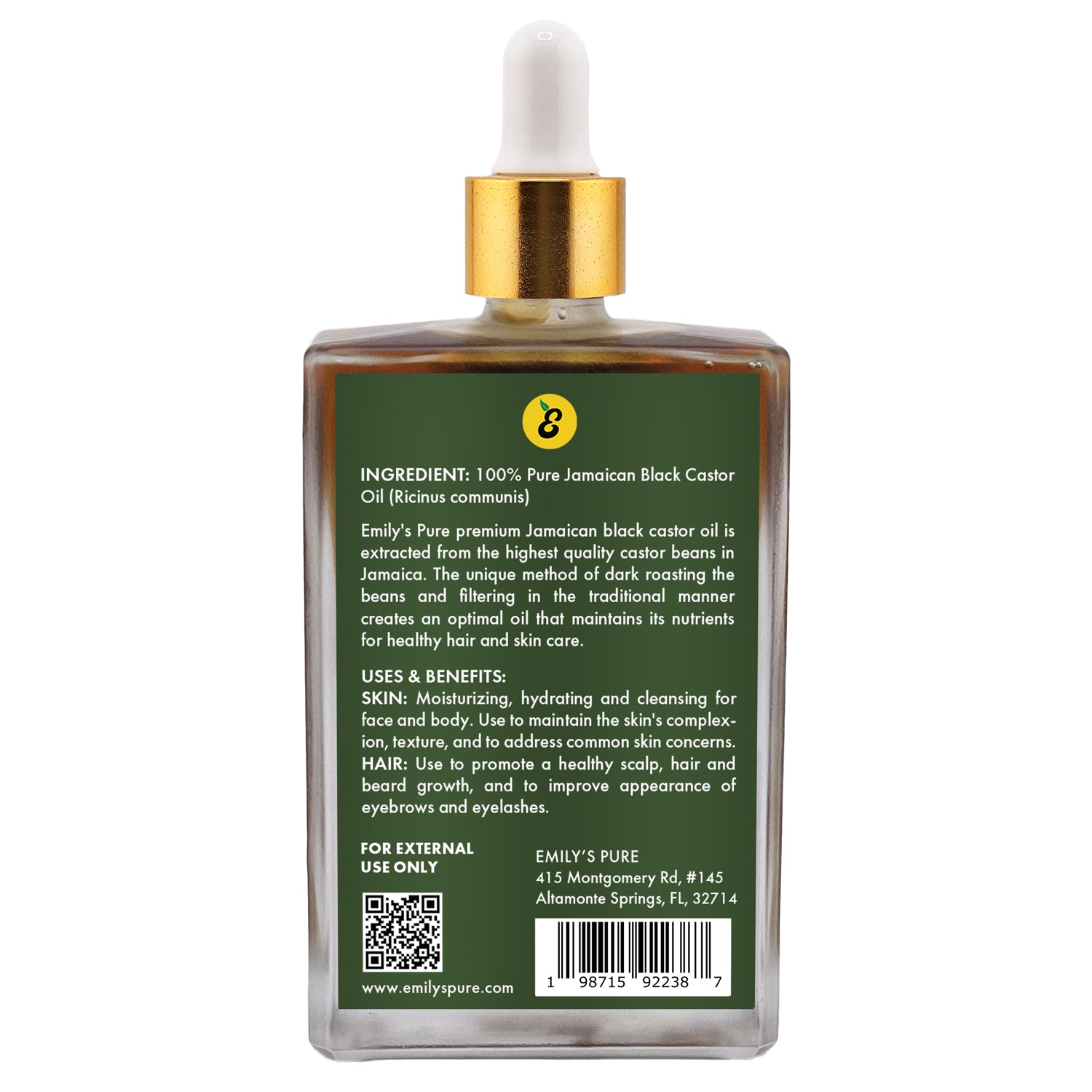 Emily's Pure Jamaican black castor oil with dropper on a white background back image