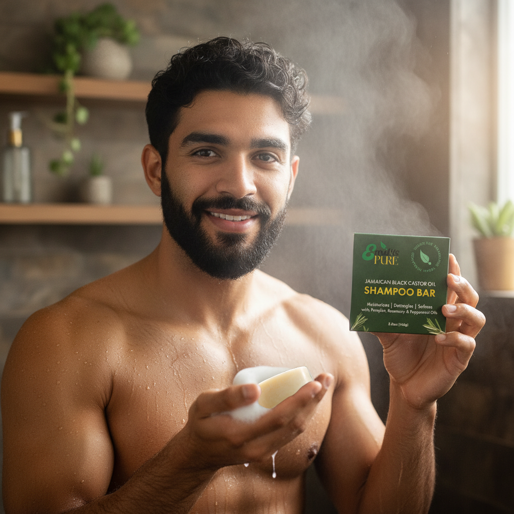 Young man holding Emily's Pure shampoo bar and its packaging in a steamy bathroom setting.