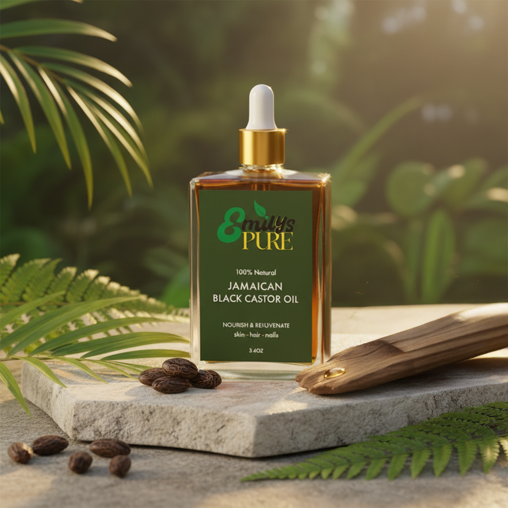 Bottle of Emily's Pure Jamaican Black Castor Oil 3.4oz with leaves and seeds on a natural background