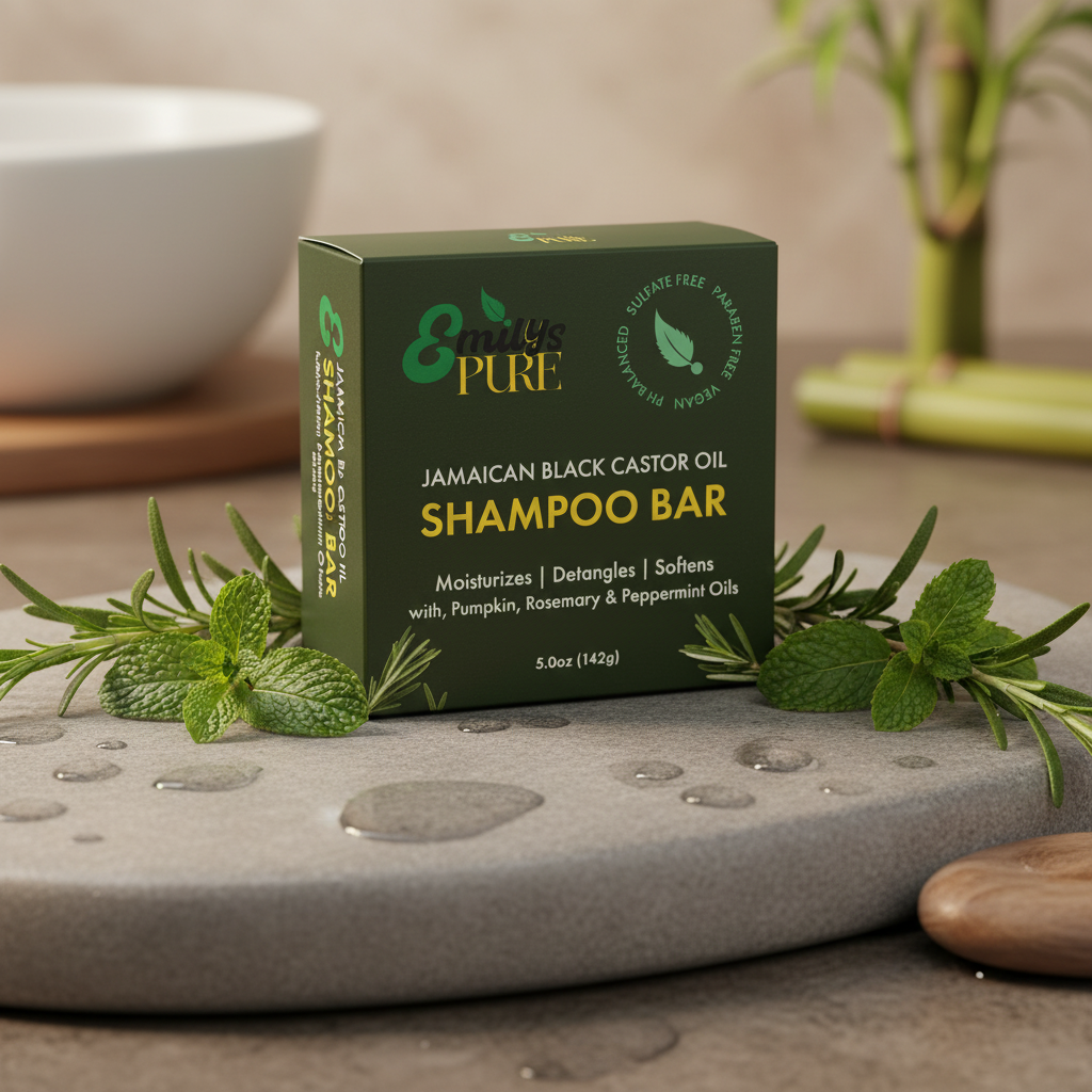 Emily's Pure Jamaican Black Castor Oil Shampoo Bar in spa setting