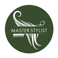 Emily's Pure icon for 'Master Stylist' with a stylized hairbrush and scissors on a green background