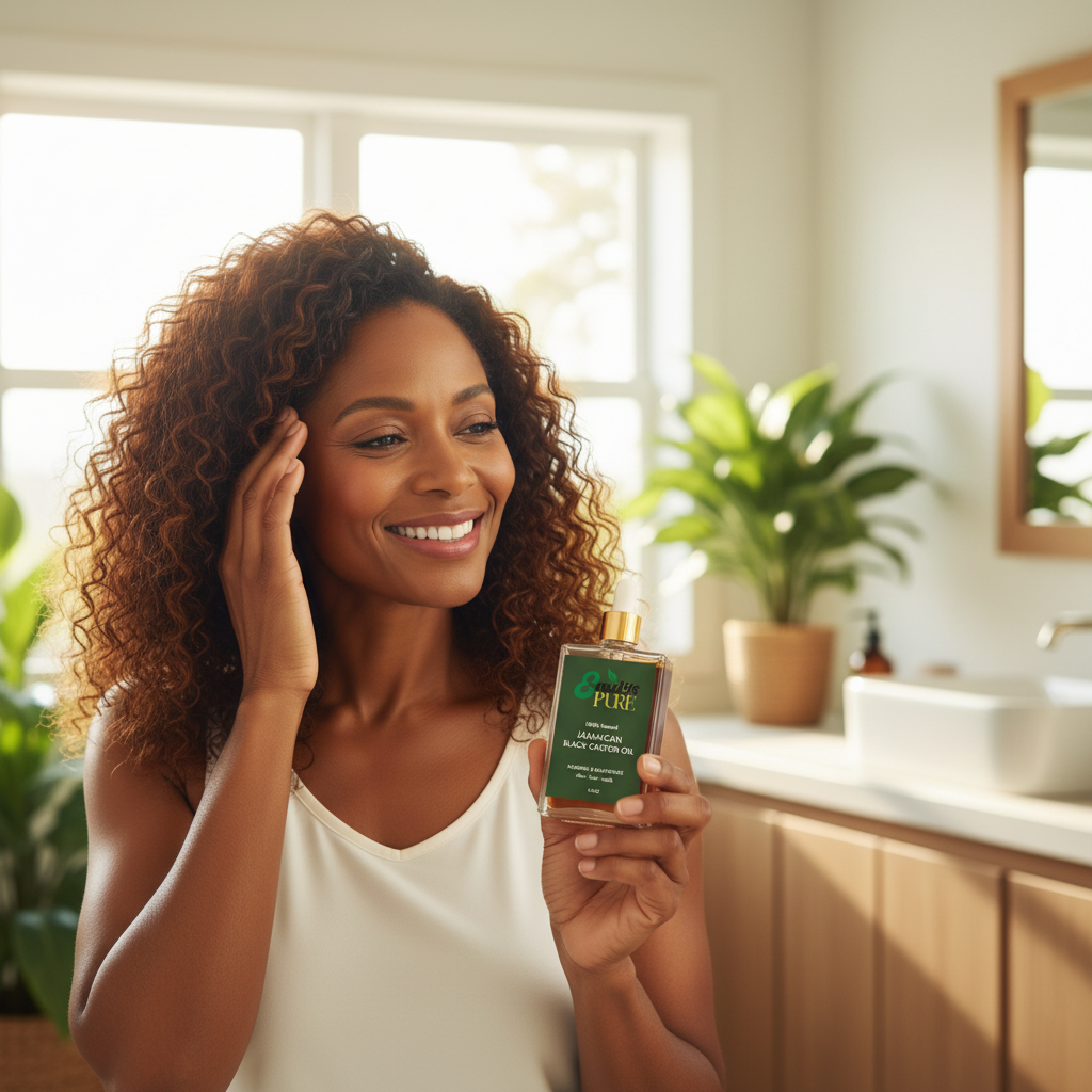 Jamaican Black Castor Oil banner with mature Black woman