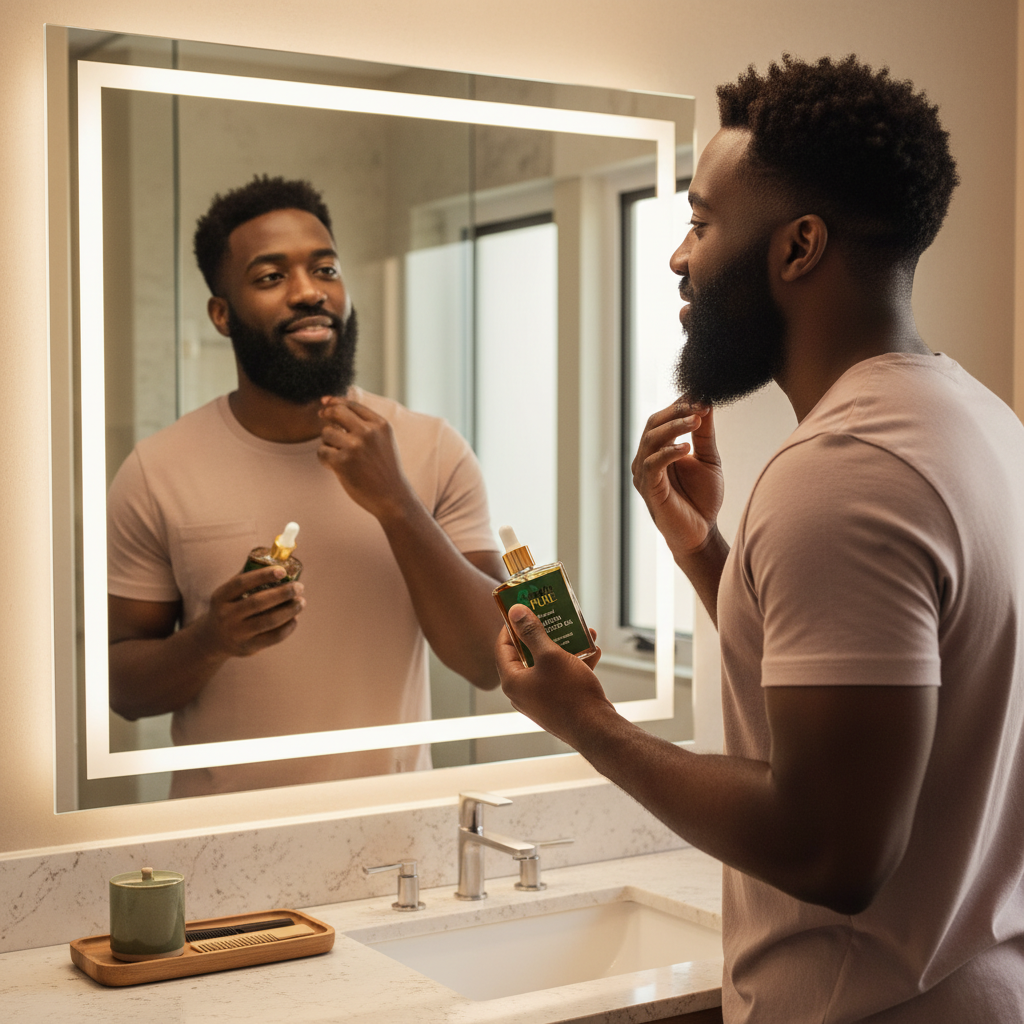 Young Black man applying Jamaican Black Castor Oil to beard in mirror
